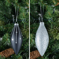 Mr Crimbo 6pk Glitter Glass Drop Christmas Tree Decorations - MrCrimbo.co.uk -XS6461 - Silver/Black -black silver tree baubles