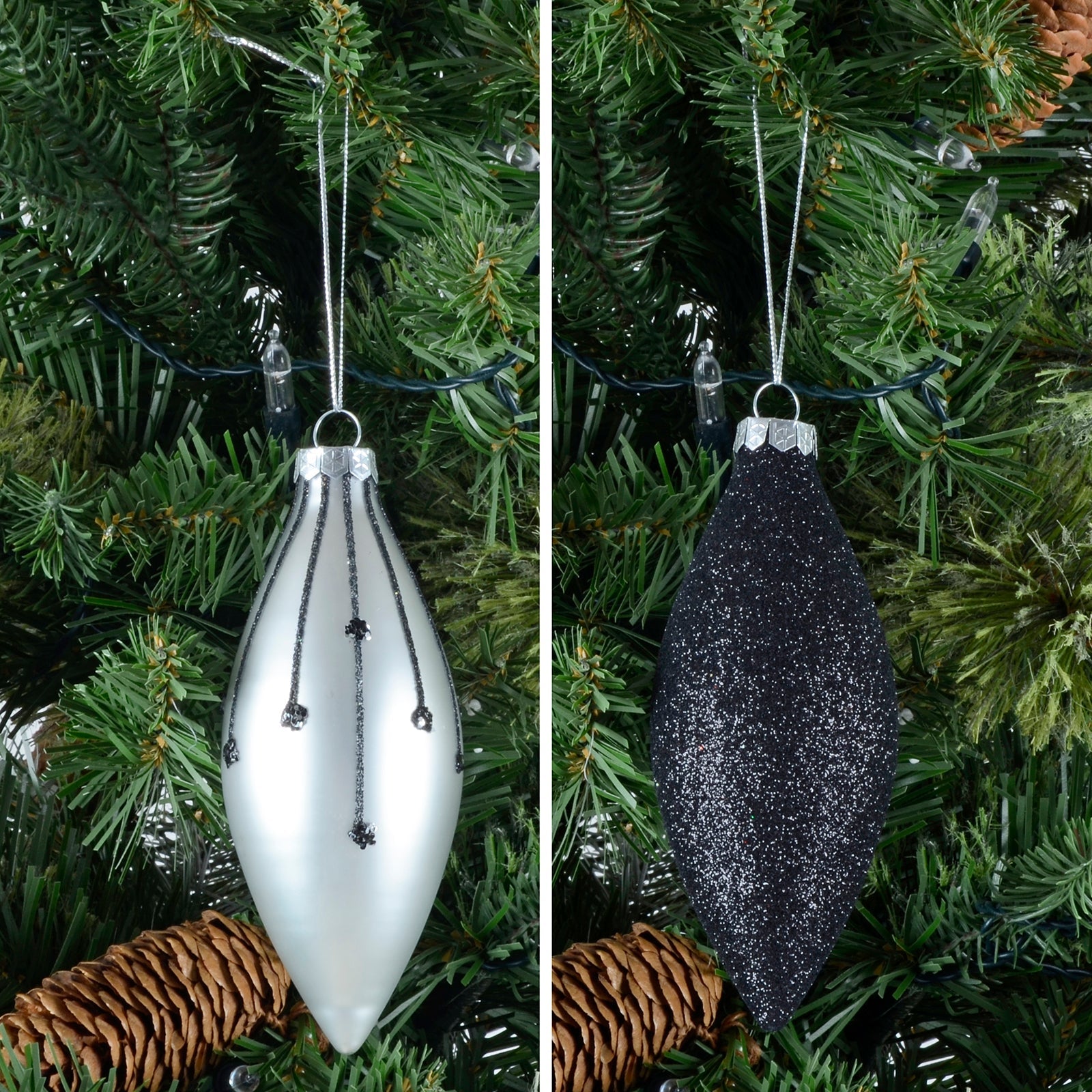 Mr Crimbo 6pk Glitter Glass Drop Christmas Tree Decorations - MrCrimbo.co.uk -XS6462 - Black/Silver -black silver tree baubles