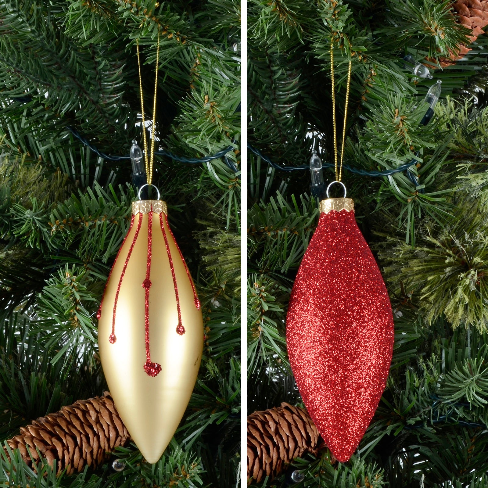Mr Crimbo 6pk Glitter Glass Drop Christmas Tree Decorations - MrCrimbo.co.uk -XS6464 - Red/Gold -black silver tree baubles