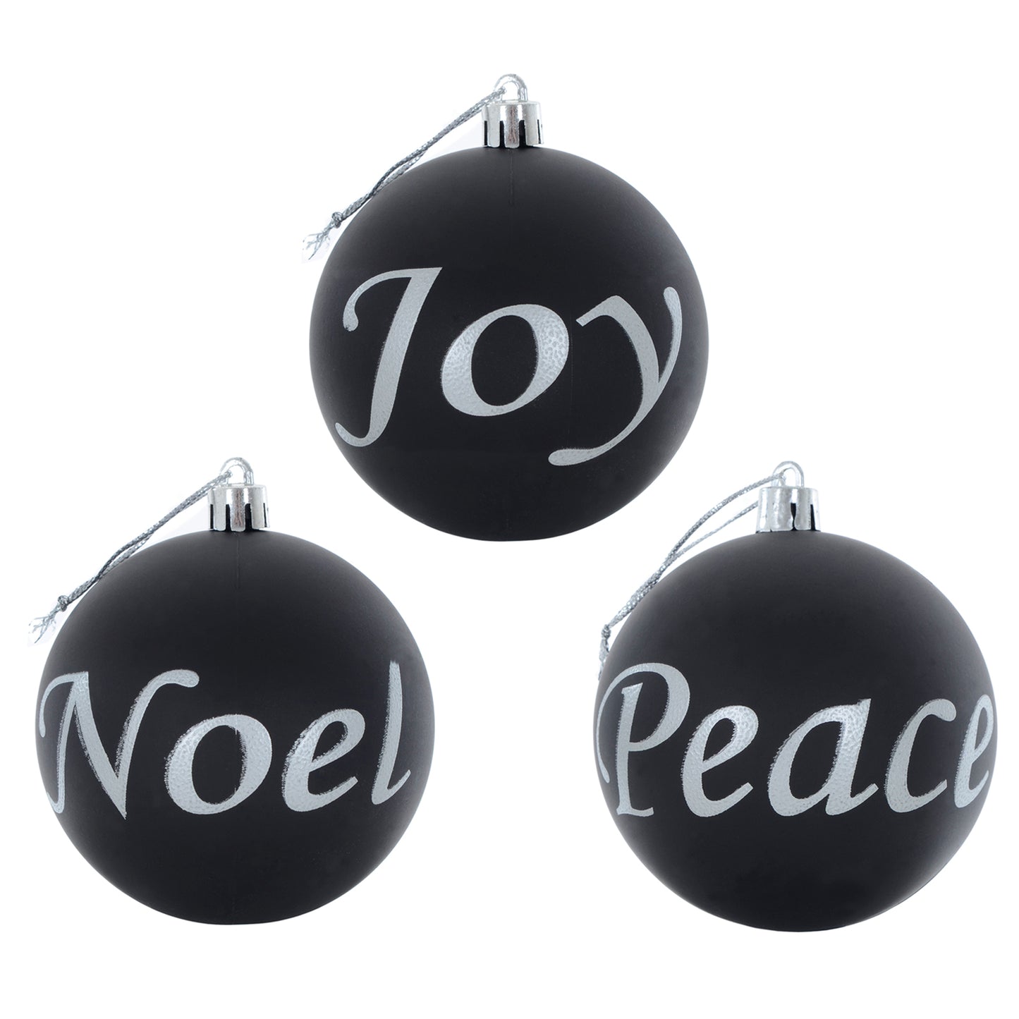 Mr Crimbo Set of 3 Joy Peace Noel Christmas Tree Baubles - MrCrimbo.co.uk -XS6481 - Black/Silver -christmas tree baubles