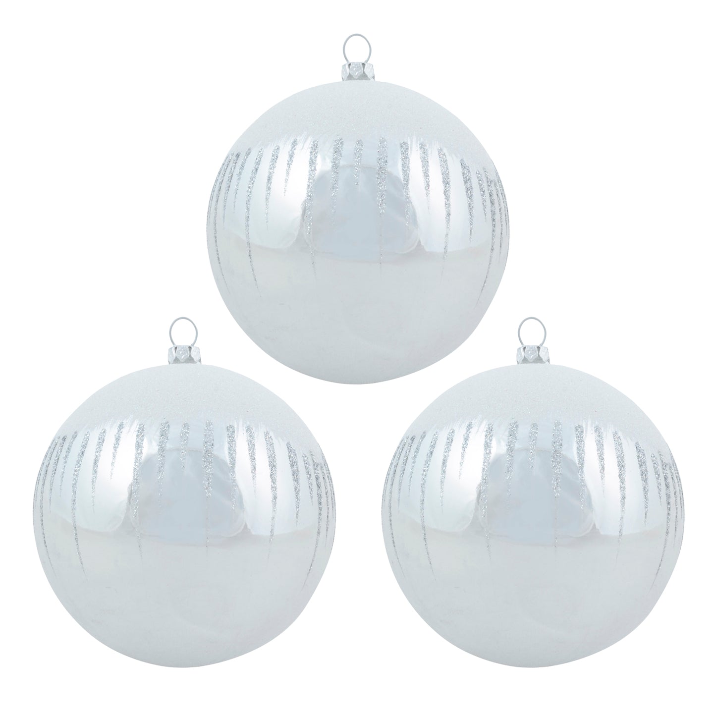 Mr Crimbo 3 x 10cm Shiny Glitter Snowscape Christmas Baubles - MrCrimbo.co.uk -XS6490 - Silver -Baubles
