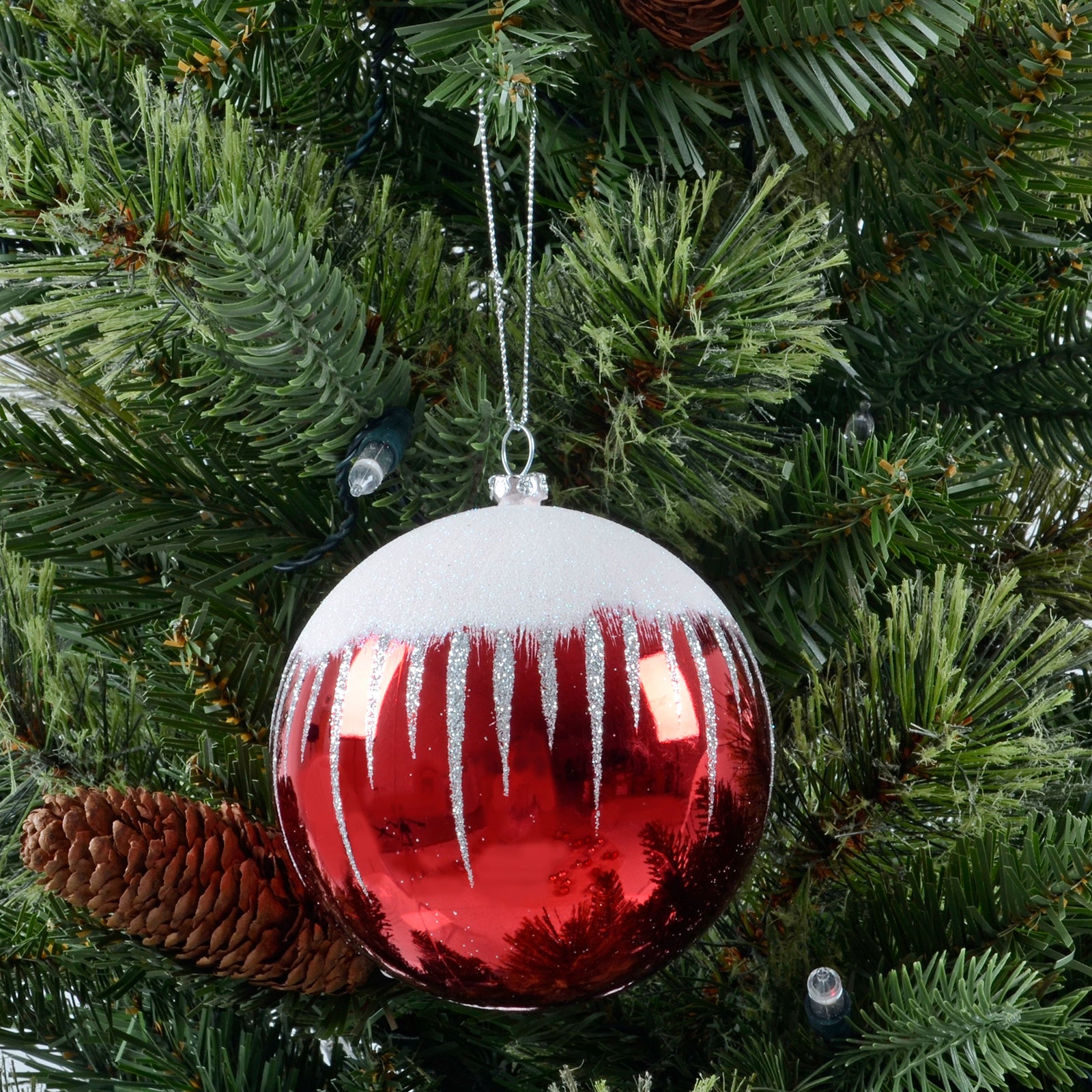Mr Crimbo 3 x 10cm Shiny Glitter Snowscape Christmas Baubles - MrCrimbo.co.uk -XS6491 - Red -Baubles