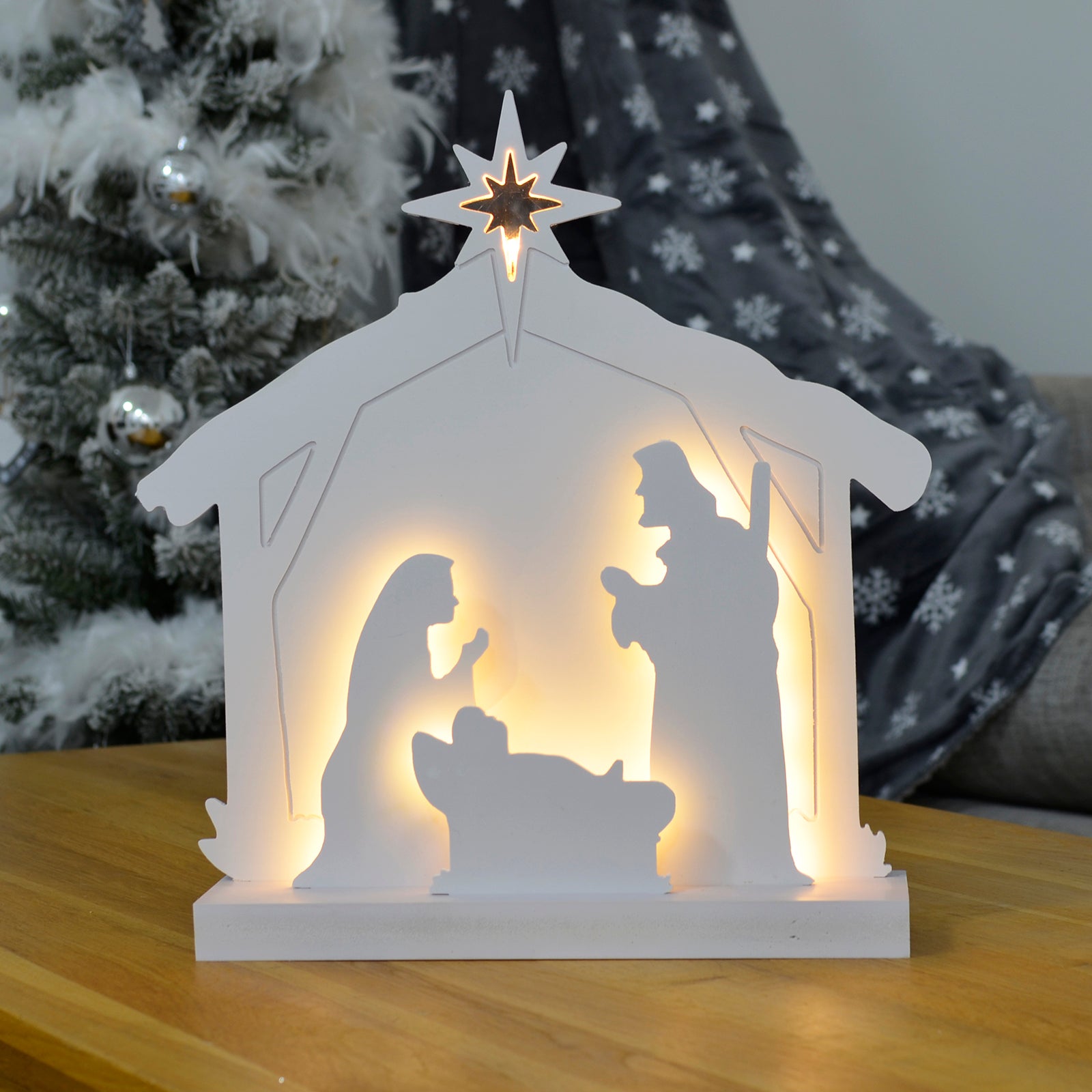 Mr Crimbo White Christmas Scene Light Up Ornament - MrCrimbo.co.uk -XS6518 - Nativity -christmas room decor