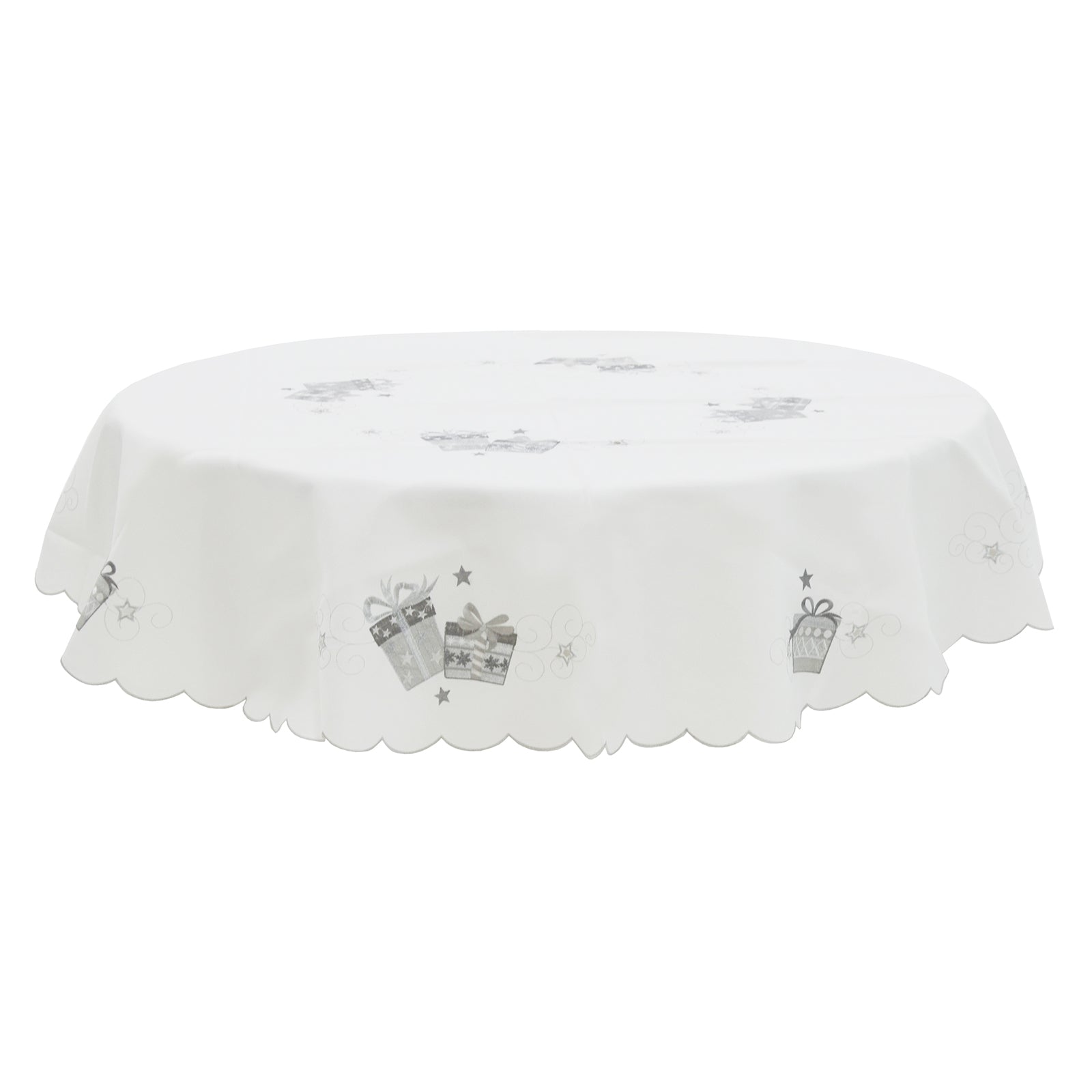 Mr Crimbo White Christmas Tablecloth Napkins Silver Presents - MrCrimbo.co.uk -XS6586 - 70" Round -christmas napkins