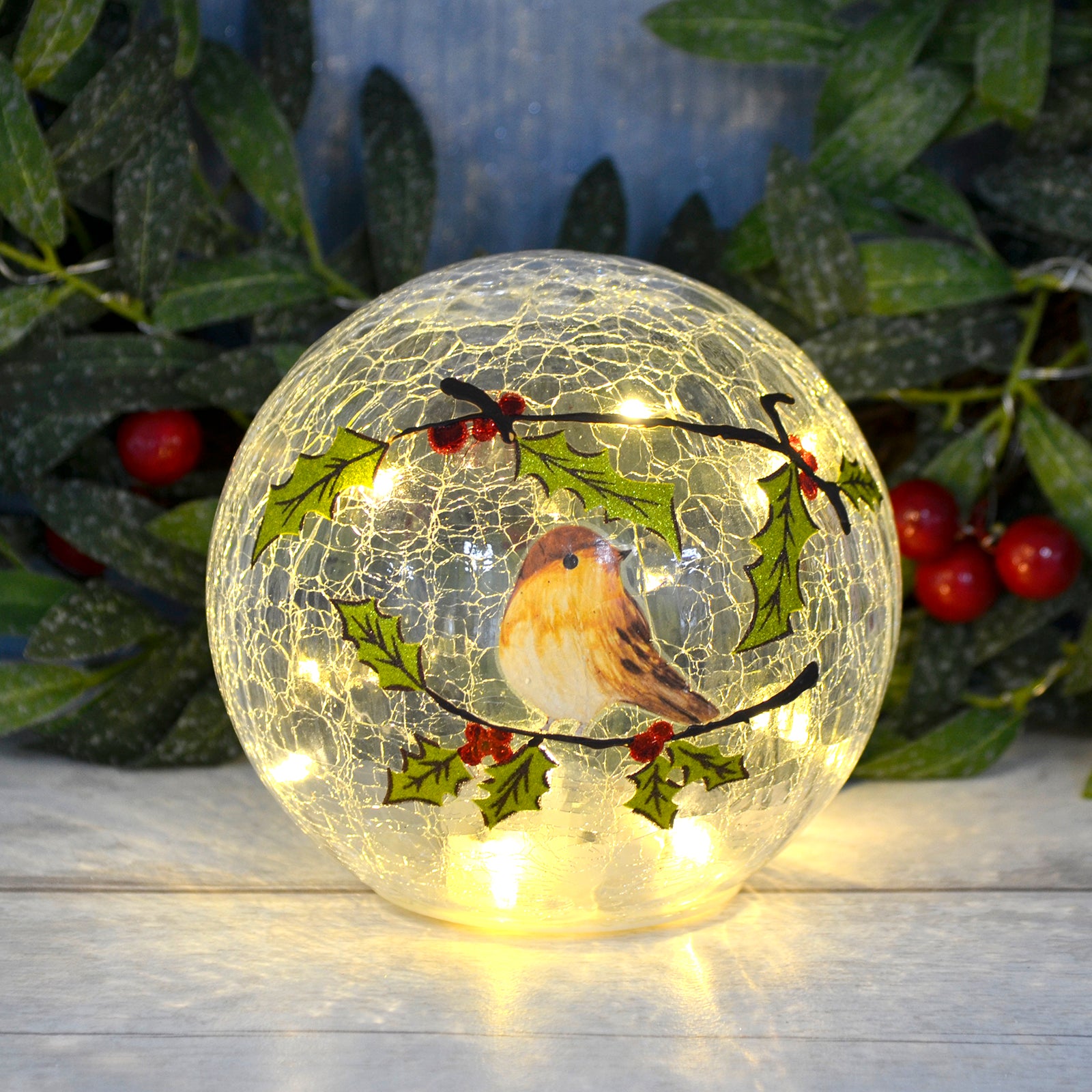 Mr Crimbo Light Up Crackle Ball Christmas Decoration 15cm - MrCrimbo.co.uk -XS6670 - Robin -ball