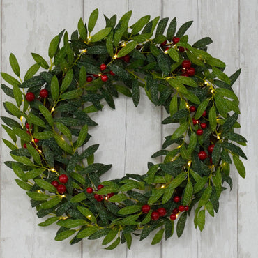 Mr Crimbo 24" Pre-Lit Christmas Wreath Fabric Leaves Berries - MrCrimbo.co.uk -XS6676 - -berries