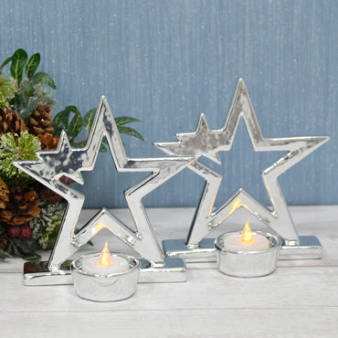 Mr Crimbo Set of 2 Silver Star Christmas Tealight Candle Holders - MrCrimbo.co.uk -XS6880 - -candles