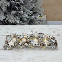 Mr Crimbo Christmas candle holder with twig base, 4 tea lights in glass jars, silver leaves, stars and pine cones