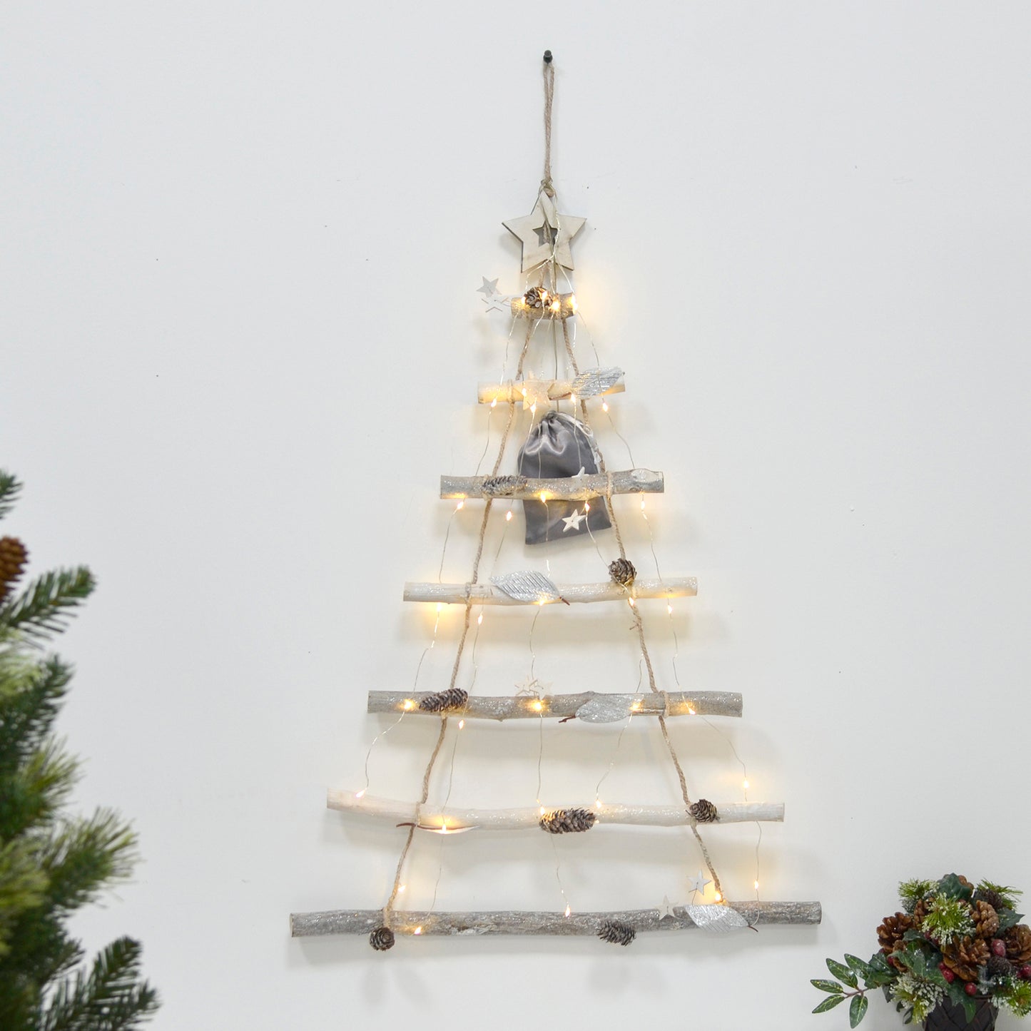 Mr Crimbo Light Up Silver Twigs Ladder Decoration 70cm - MrCrimbo.co.uk -XS6688 - -