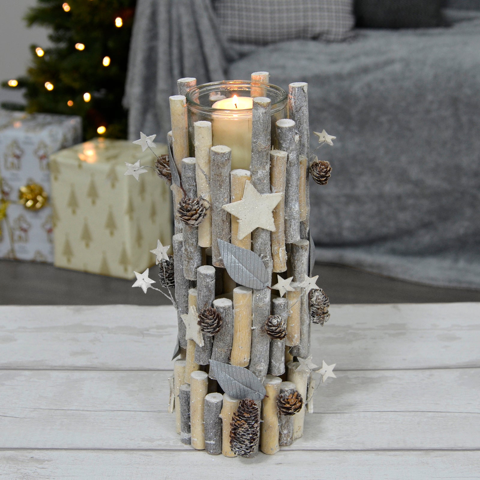 Mr Crimbo Tall Silver Twigs Wooden Tealight Candle Holder - MrCrimbo.co.uk -XS6690 - 37cm -candles