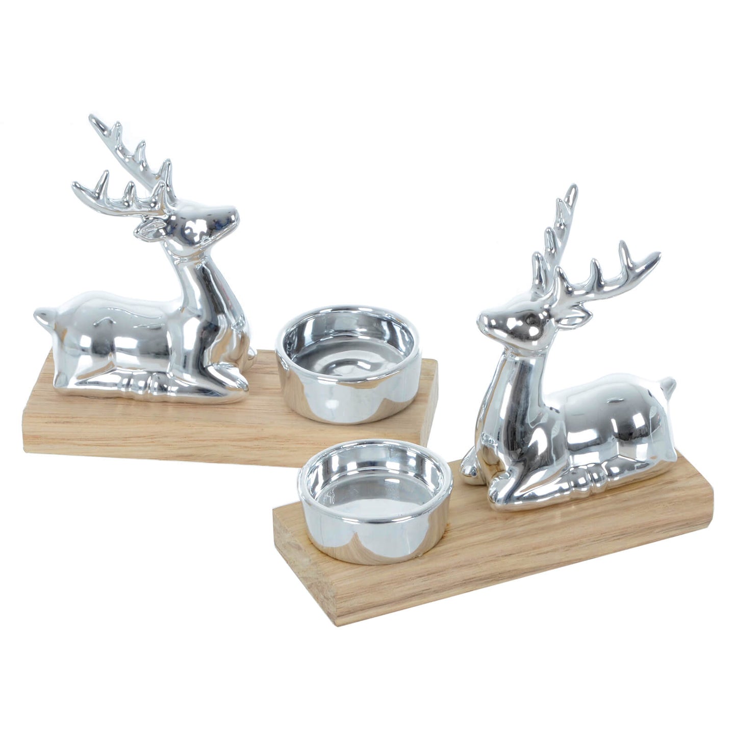 Mr Crimbo Set of 2 Silver Reindeer Candle Holders Wood Base - MrCrimbo.co.uk -XS6879 - -candles