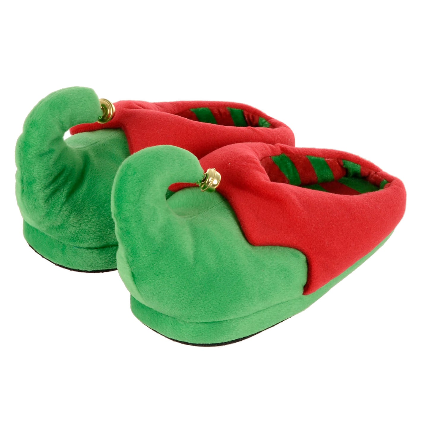 Green and red Christmas Elf slippers for women with gold jingle bells on pointed toes, padded upper and striped fleece lining