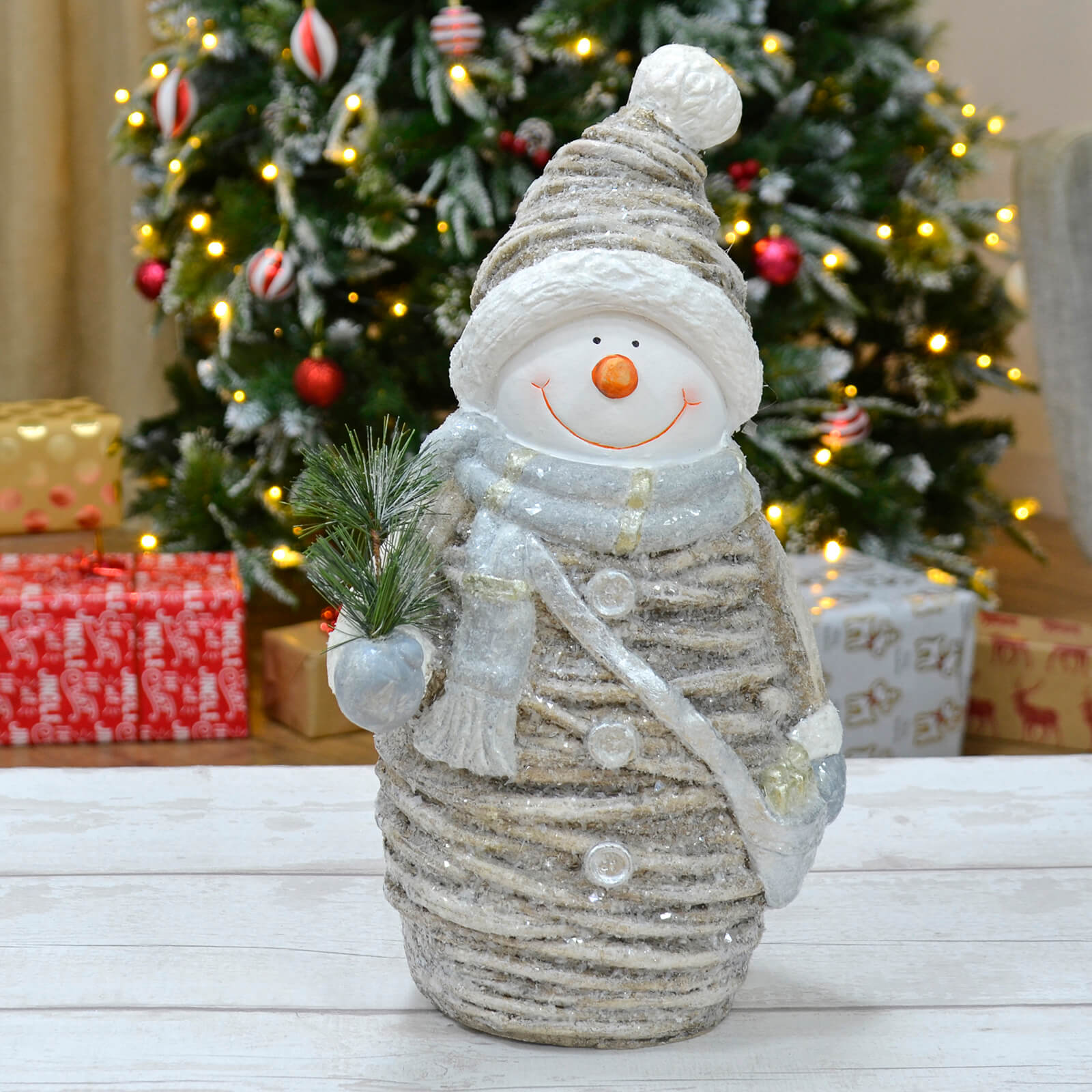 Mr Crimbo Christmas Figure Decoration Pine Branch Ceramic 45cm - MrCrimbo.co.uk -XS7147 - Snowman -