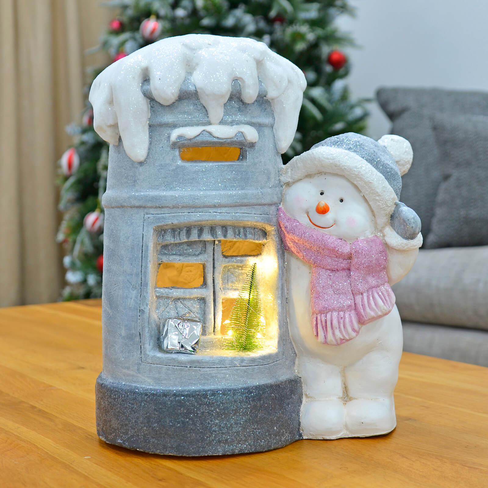 Mr Crimbo Light Up Christmas Post Box Large Ceramic Ornament LED Mini Tree Snowman 14