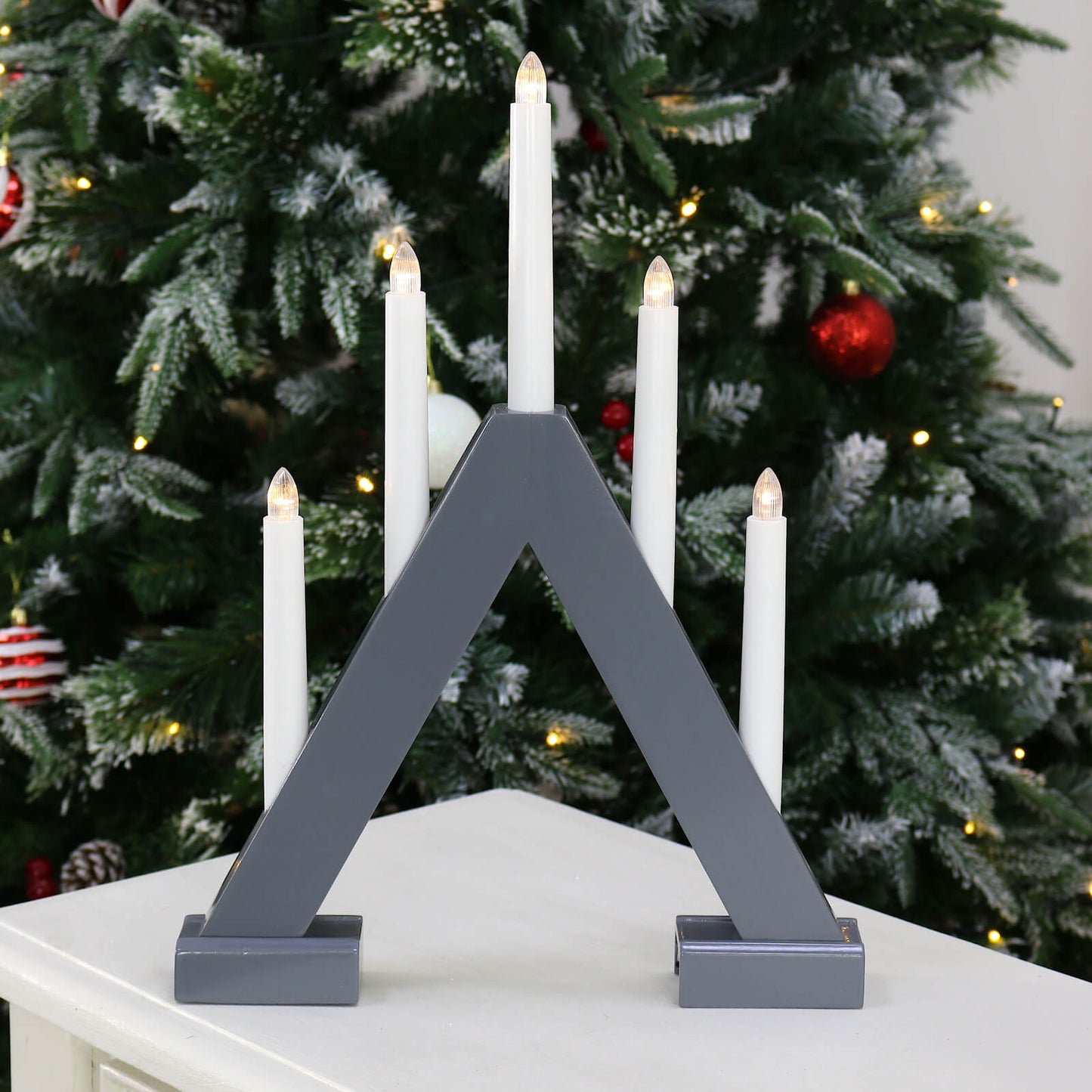 Mr Crimbo 5 Light Christmas Candle Bridge Grey Wood LED 40cm - MrCrimbo.co.uk -XS7160 - -Decorations