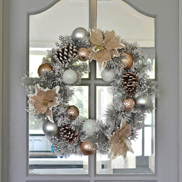 Mr Crimbo Grey Snowy 50cm Wreath With Gold/Silver Decorations - MrCrimbo.co.uk -XS7171 - -Gold