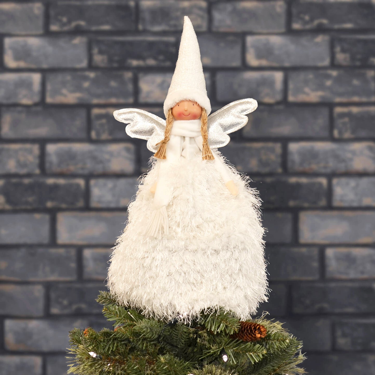 Mr Crimbo Christmas Tree Fairy Topper White Silver Wings 55cm - MrCrimbo.co.uk -XS7245 - -