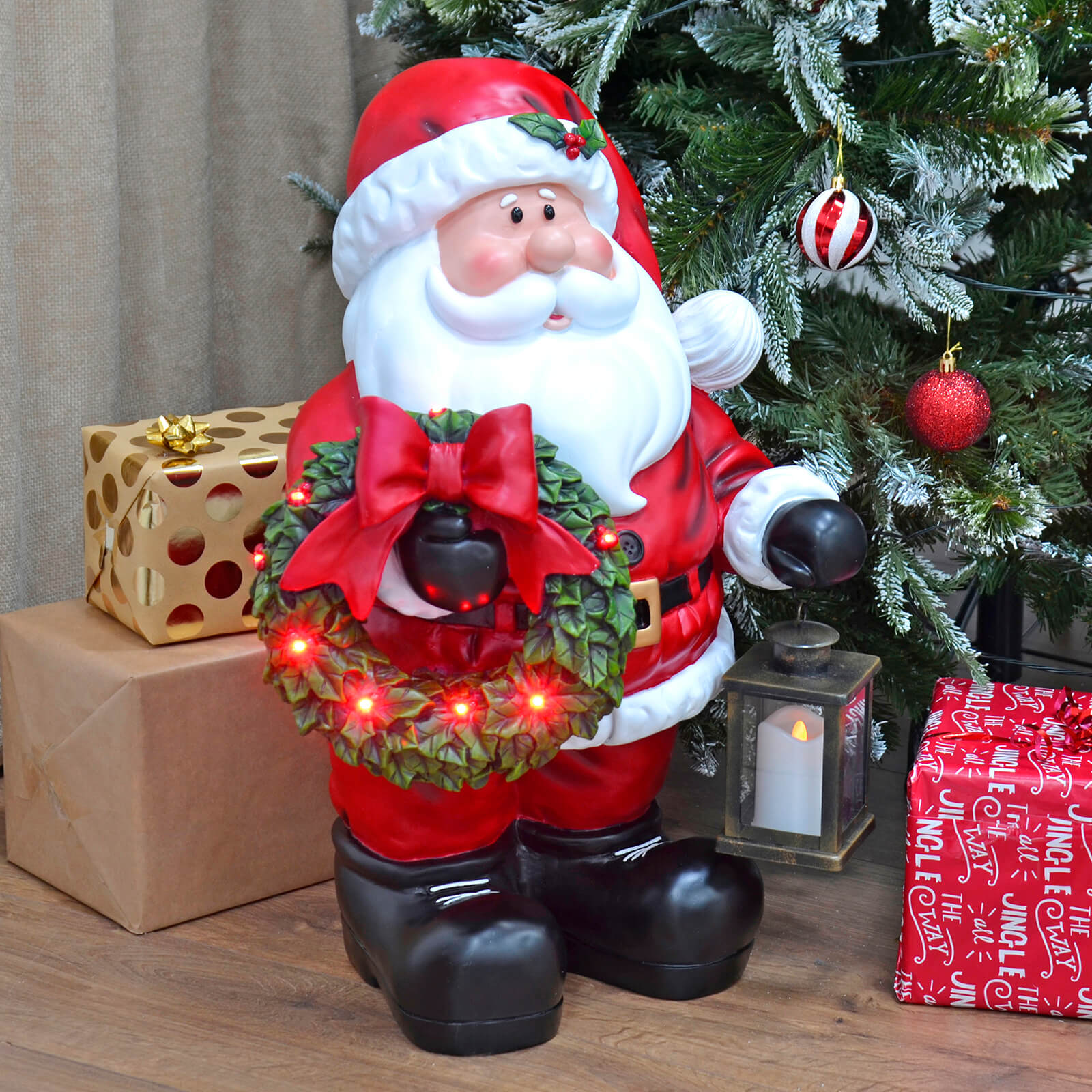 Mr Crimbo Large Light Up Santa Ornament Lantern Wreath 64cm - MrCrimbo.co.uk -XS7251 - -SALE