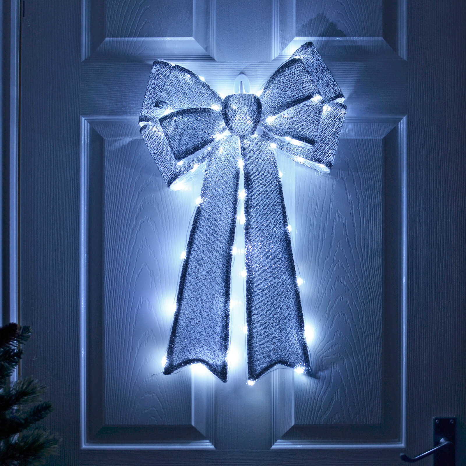 Mr Crimbo Light Up Christmas Door Bow Decoration Sparkle 60cm - MrCrimbo.co.uk -XS7276 - Silver -