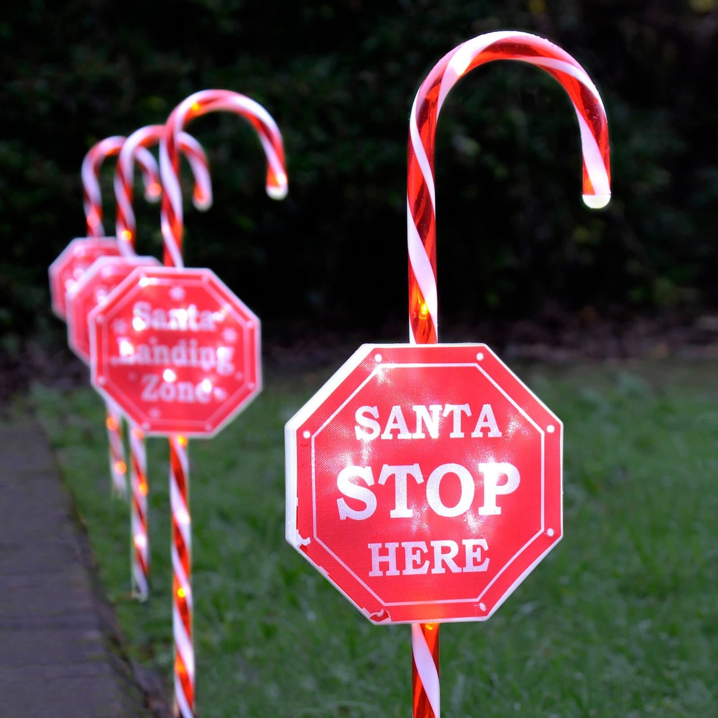 Mr Crimbo 4 Pack Candy Cane Stop Signs Christmas Pathway Lights - MrCrimbo.co.uk -XS7280 - -