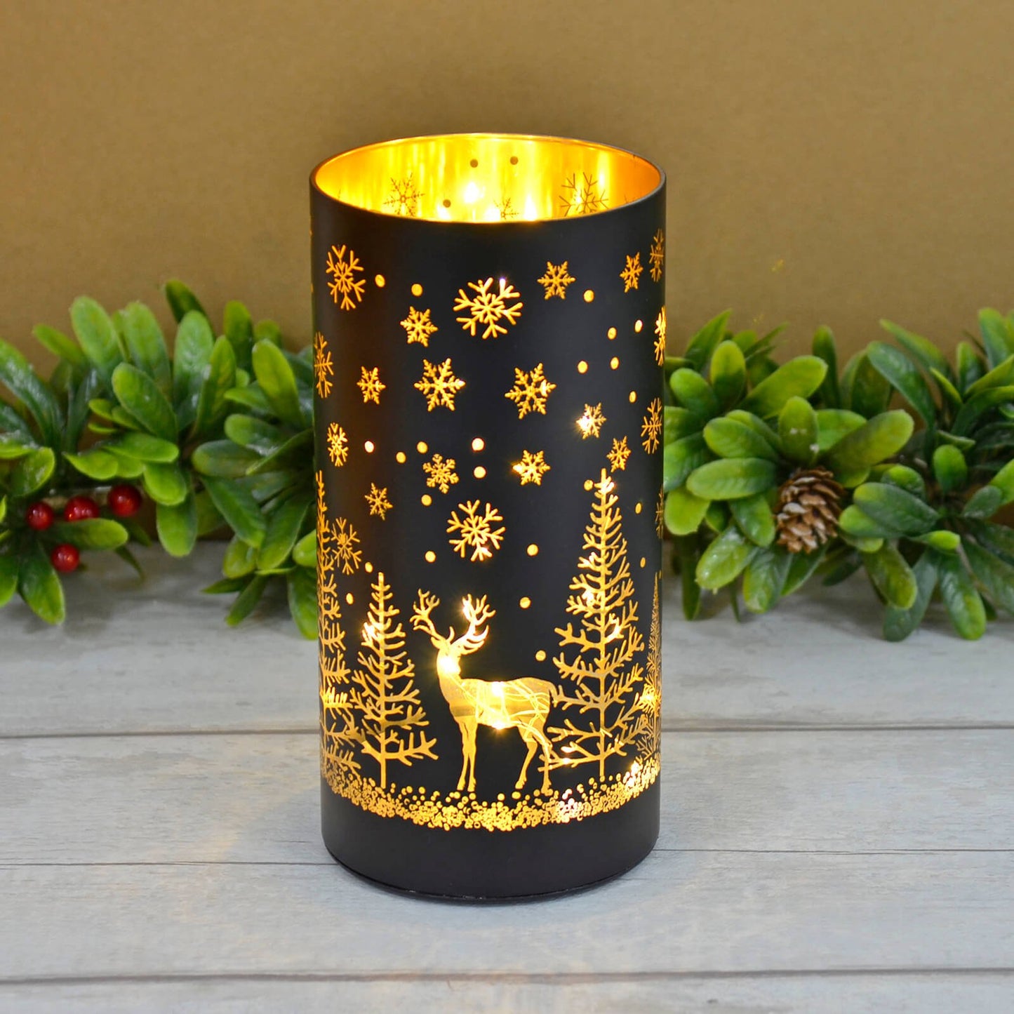 Mr Crimbo Christmas Cylinder Light Black Gold Decoration 20cm - MrCrimbo.co.uk -XS7293 - Tree Scene & Deer -Black