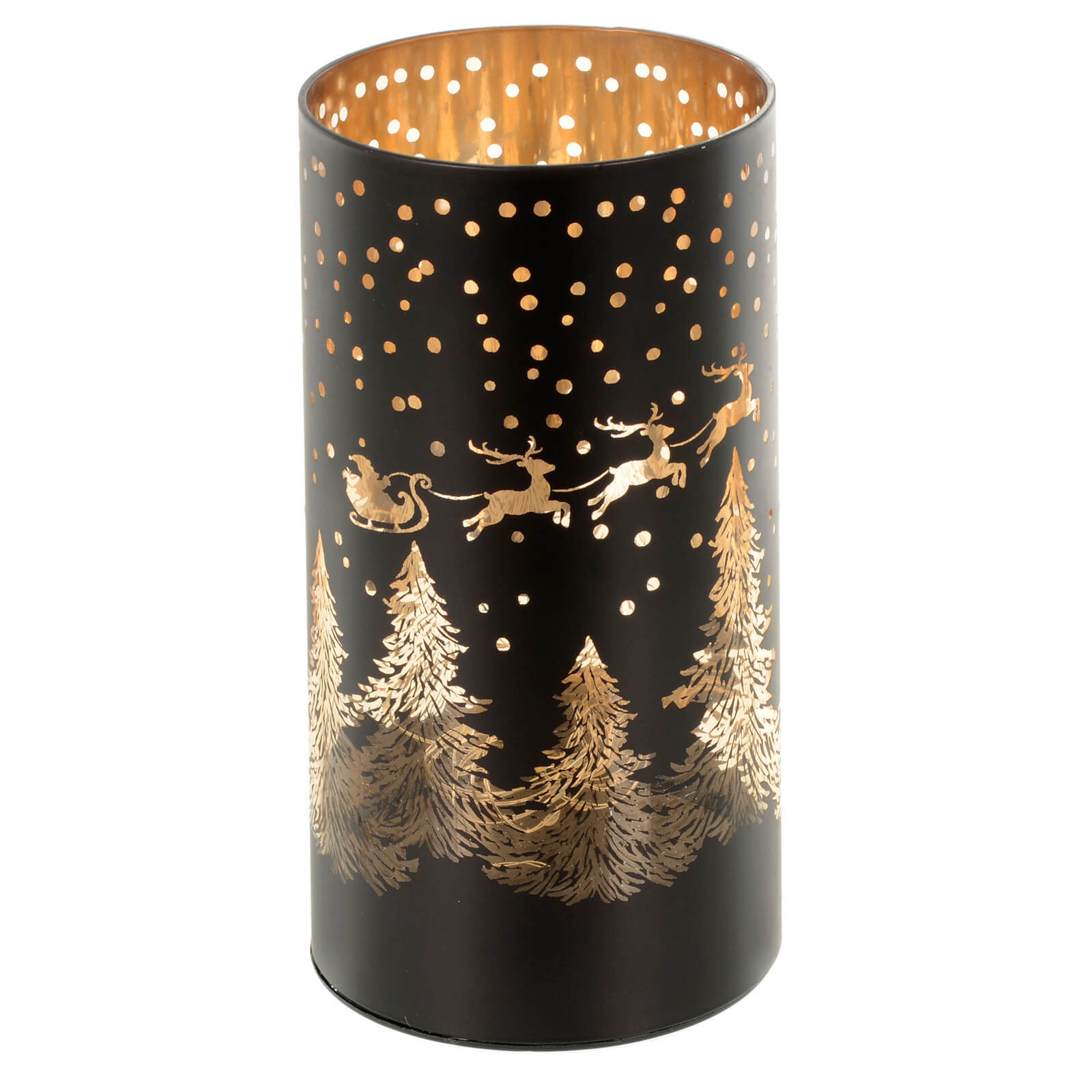 Mr Crimbo Christmas Cylinder Light Black Gold Decoration 20cm - MrCrimbo.co.uk -XS7293 - Tree Scene & Deer -Black
