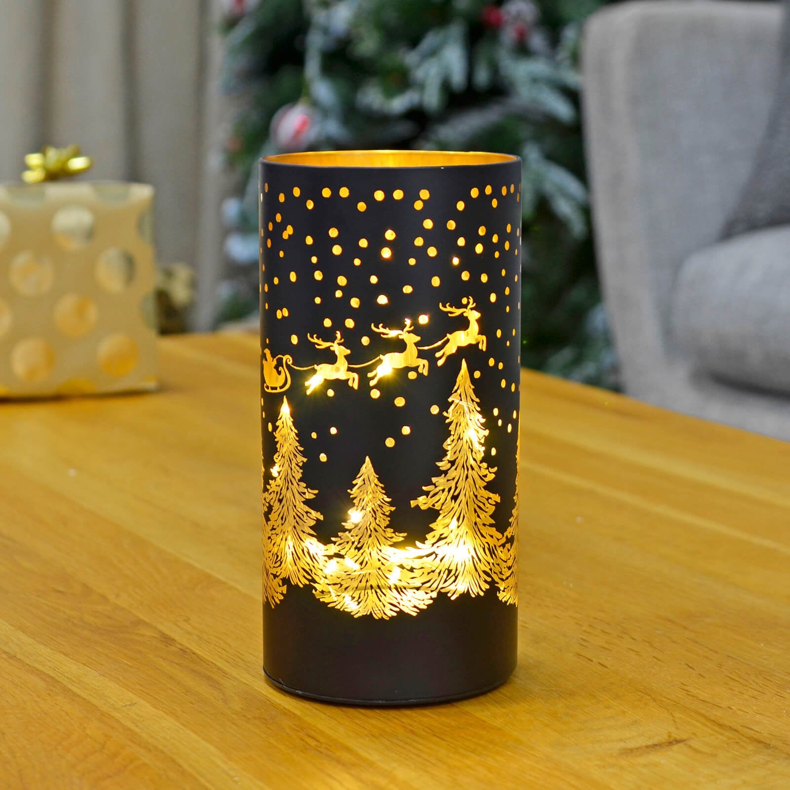 Mr Crimbo Christmas Cylinder Light Black Gold Decoration 20cm - MrCrimbo.co.uk -XS7294 - Santa & Sleigh -Black