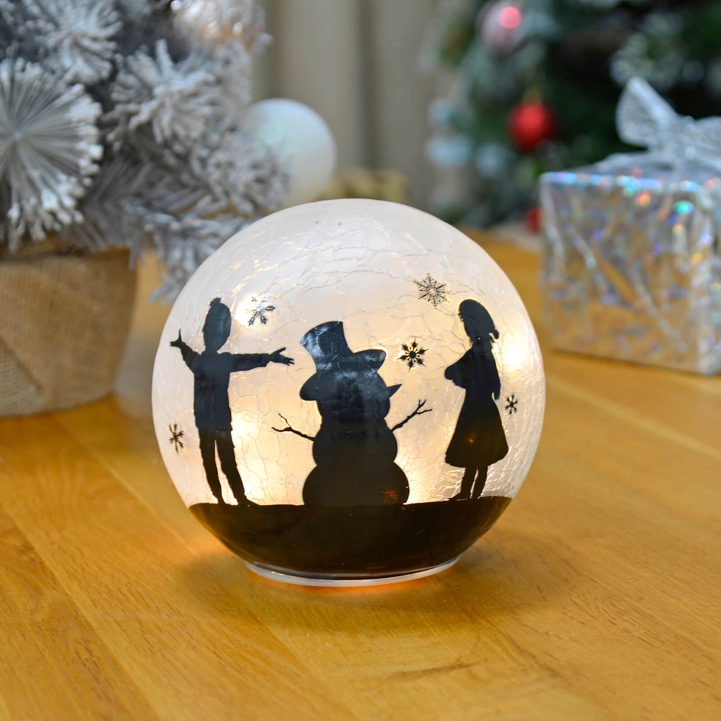 Mr Crimbo Light Up Christmas Crackle Ball Decoration LED 15cm - MrCrimbo.co.uk -XS7296 - Snowman & Kids -ball