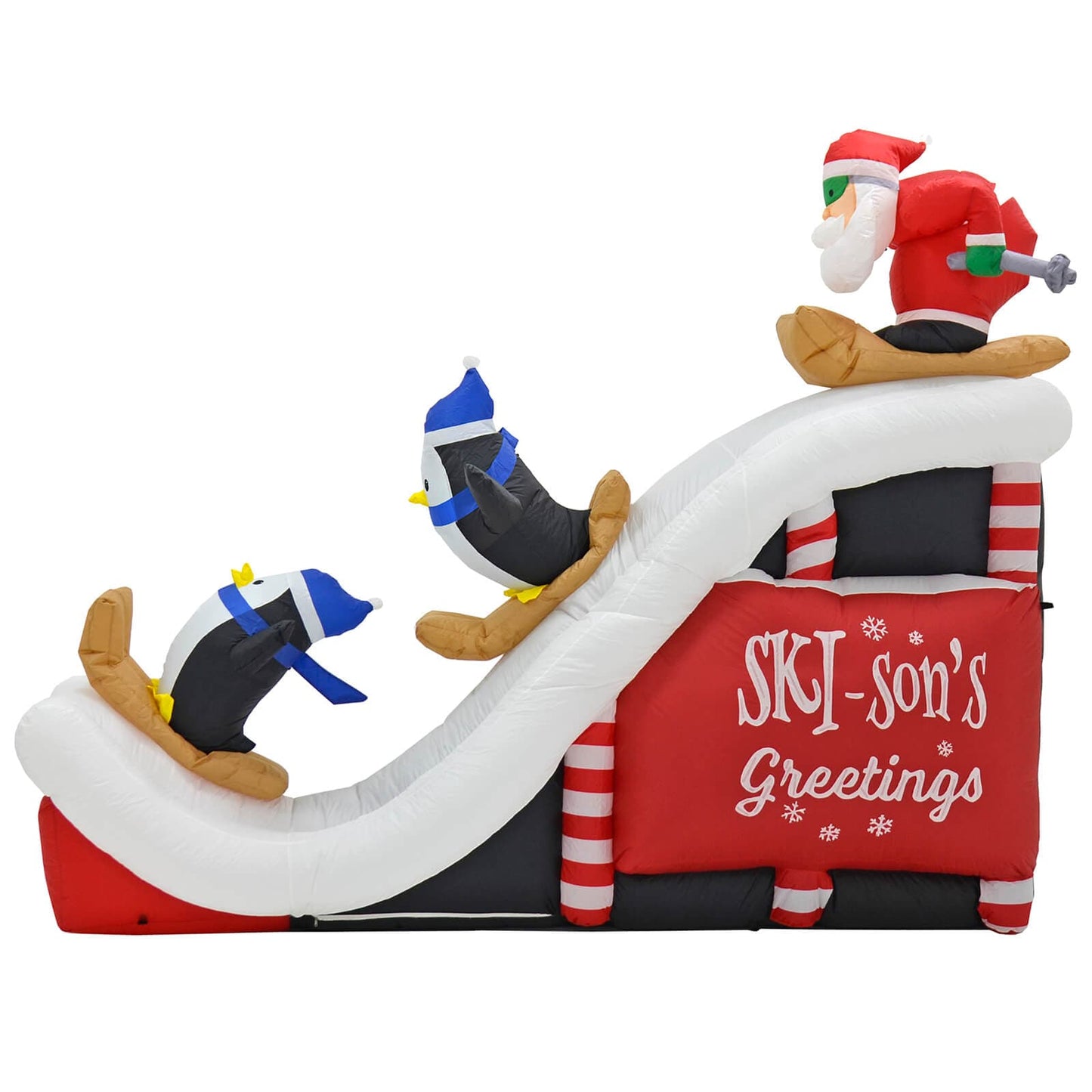 Santa ski jump large inflatable Christmas decoration with Santa and 2 penguins