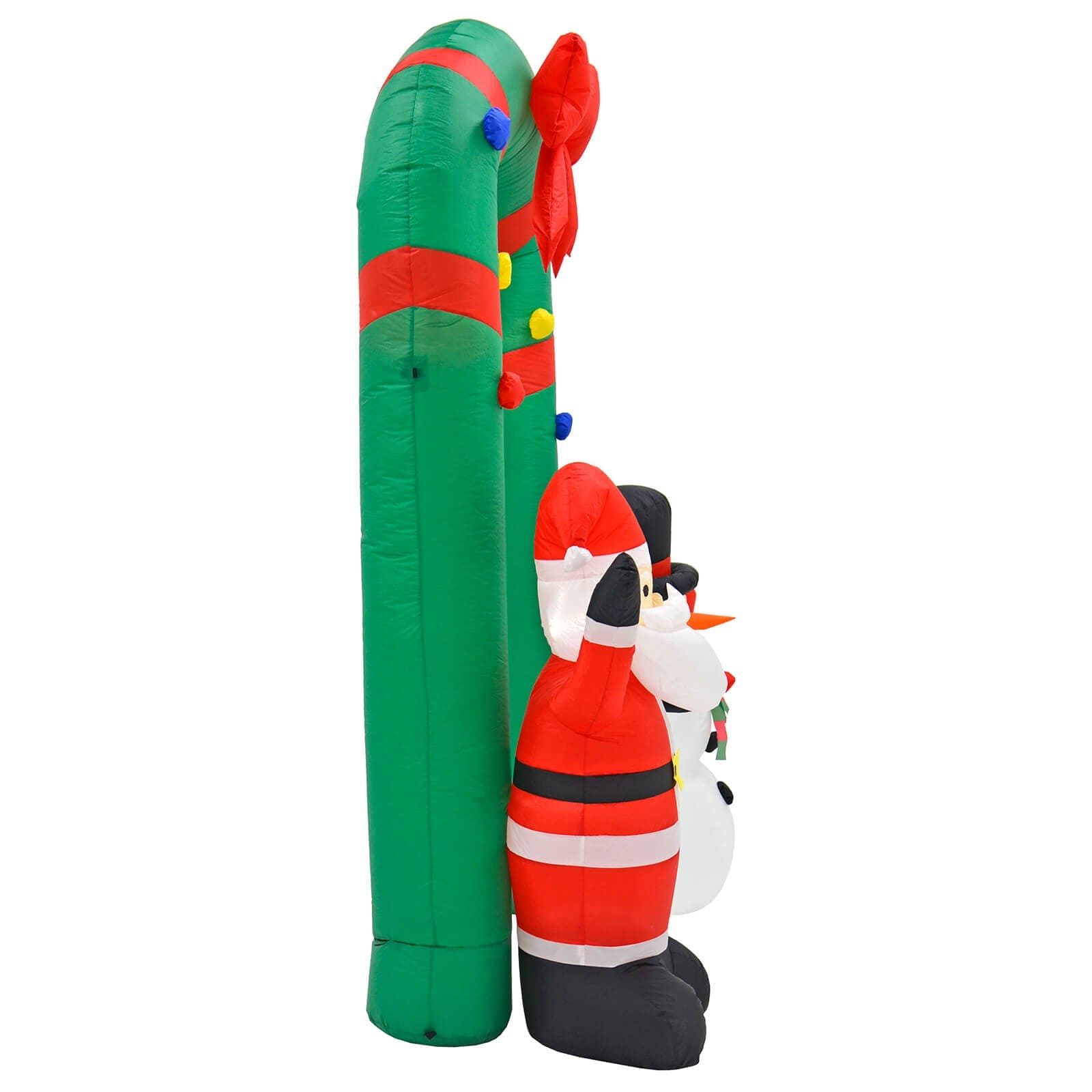 Side view of a large inflatable Arch Christmas decoration with Santa and snowman, green garland style arch with red bow