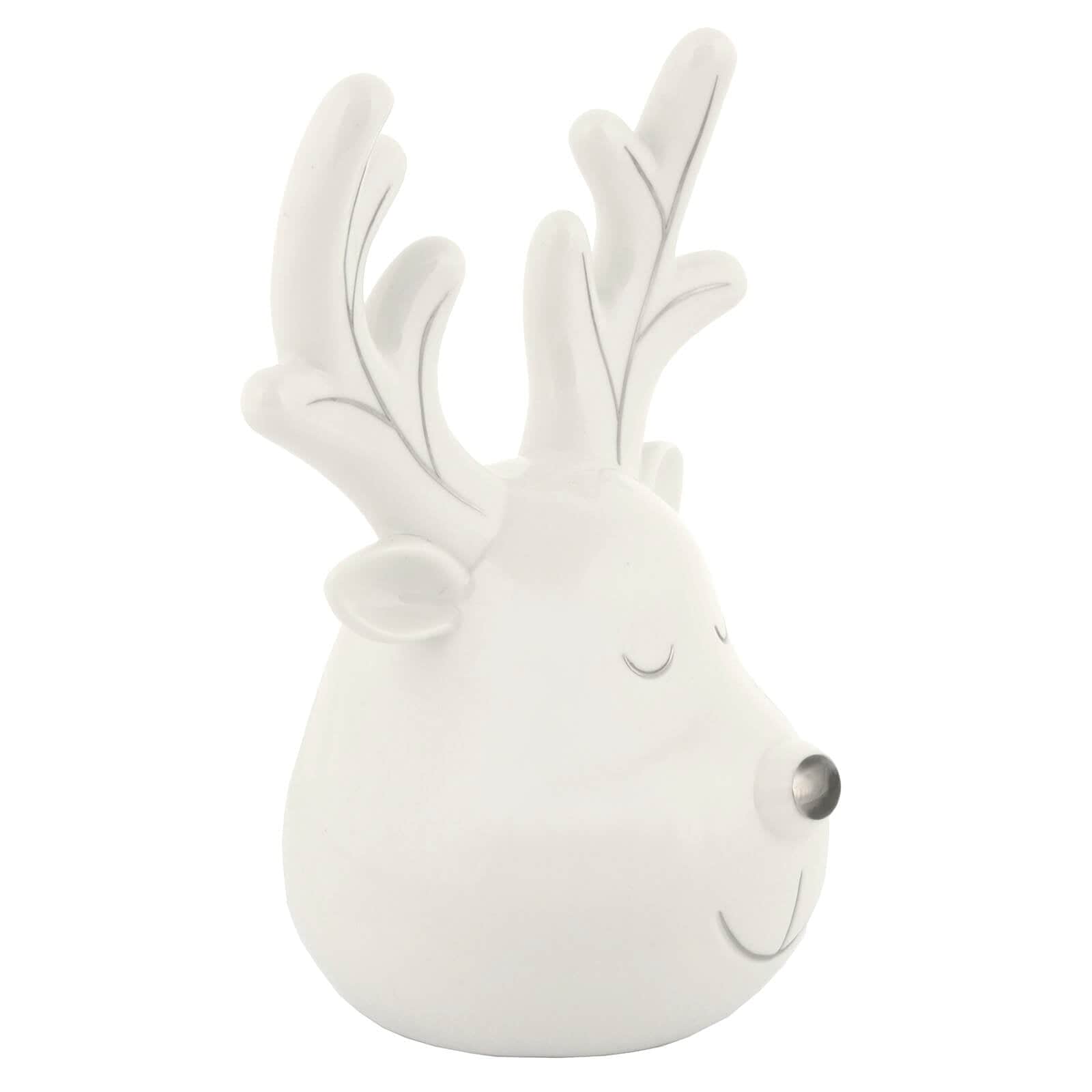 Side view of white ceramic reindeer ornament with silver detailing
