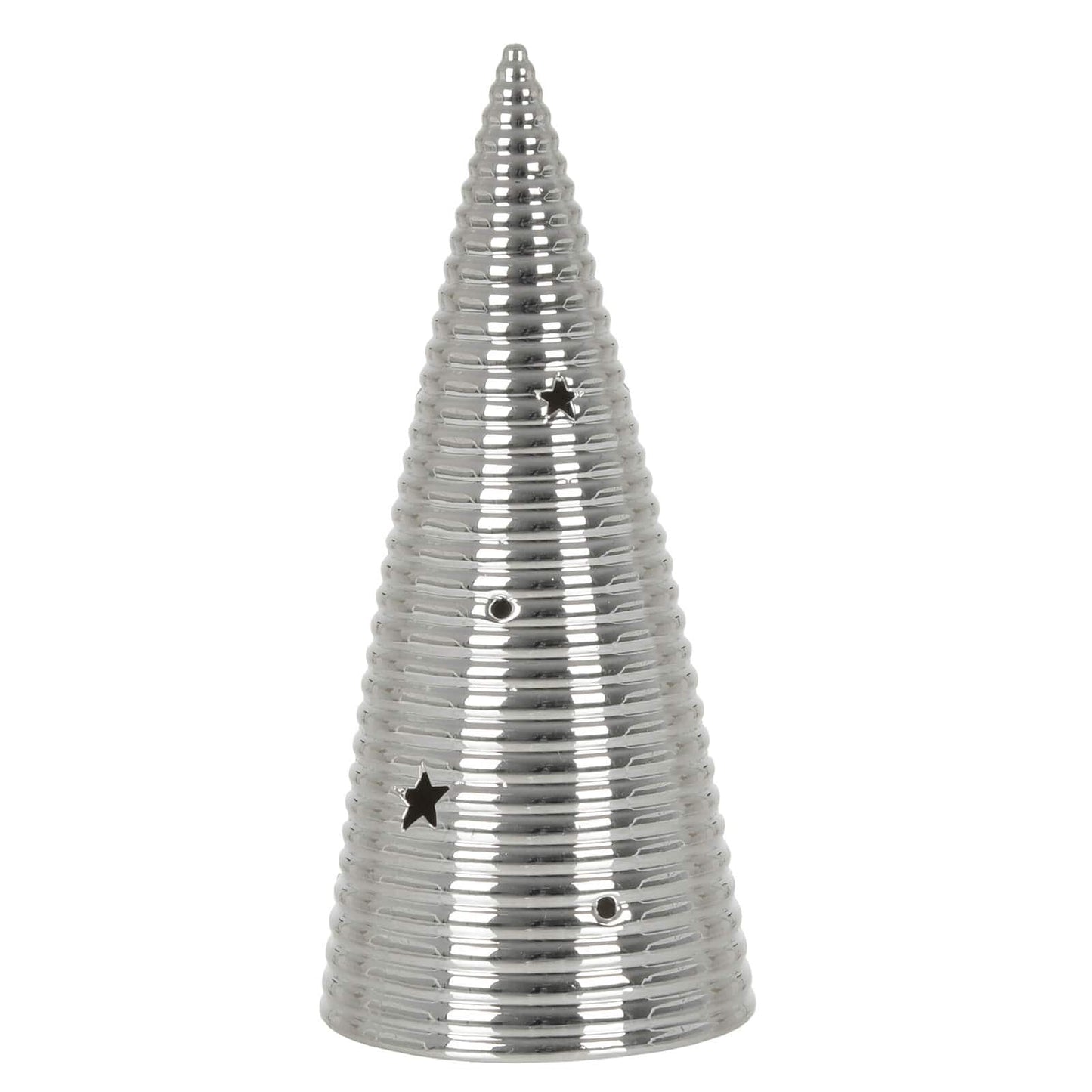 Silver ring design modern cone Christmas tree shaped ornament with cut away stars and circles for the light to shine through