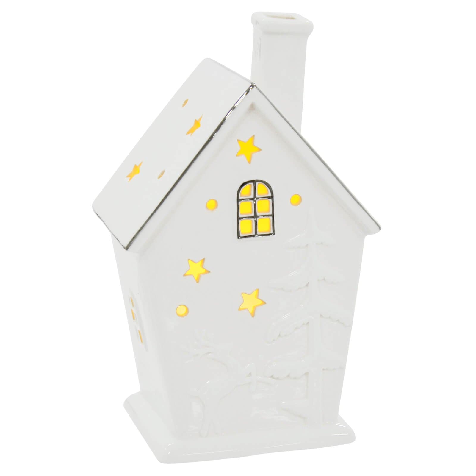 Light up house with warm white LED light shining through a window and cut away stars, with silver edging and reindeer and tree detail