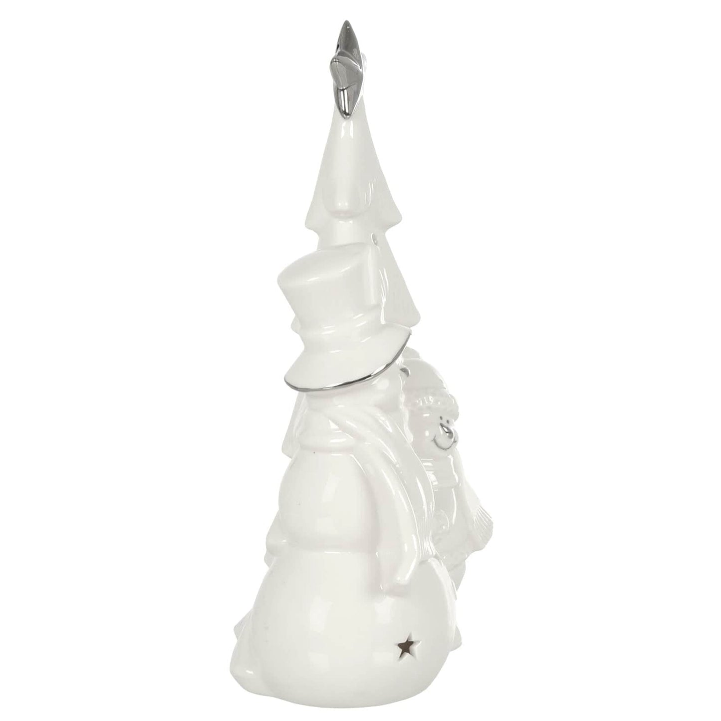 Side view of white ceramic Snowmen and Christmas tree decoration with silver star