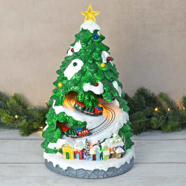 Mr Crimbo Christmas Tree LED Moving Trains Musical Snow Scene 39cm