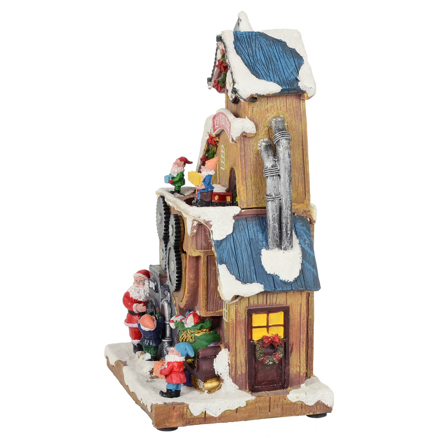 Side view of toy factory Christmas snow scene ornament with Santa and elves