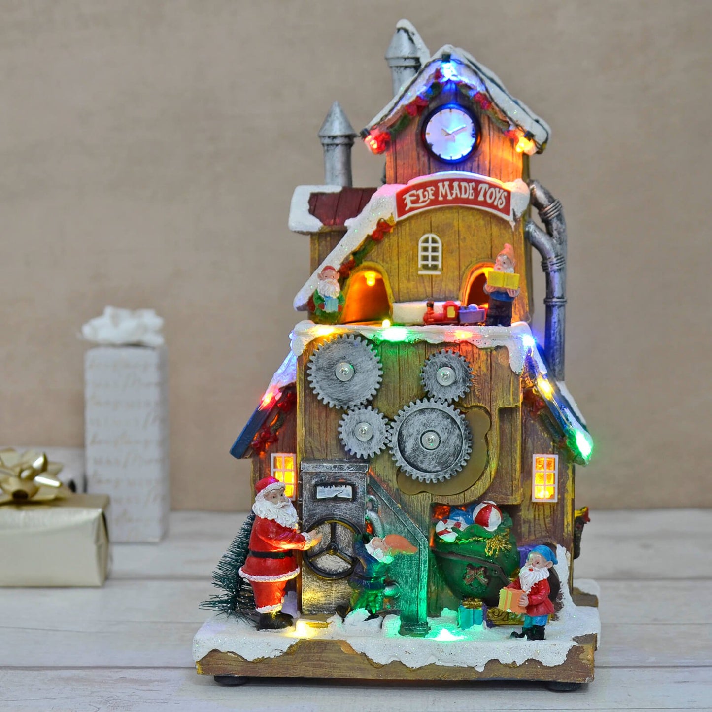 Mr Crimbo Christmas Toy Factory LED Moving Musical Snow Scene 29cm - MrCrimbo.co.uk -XS7472 - -christmas decoration