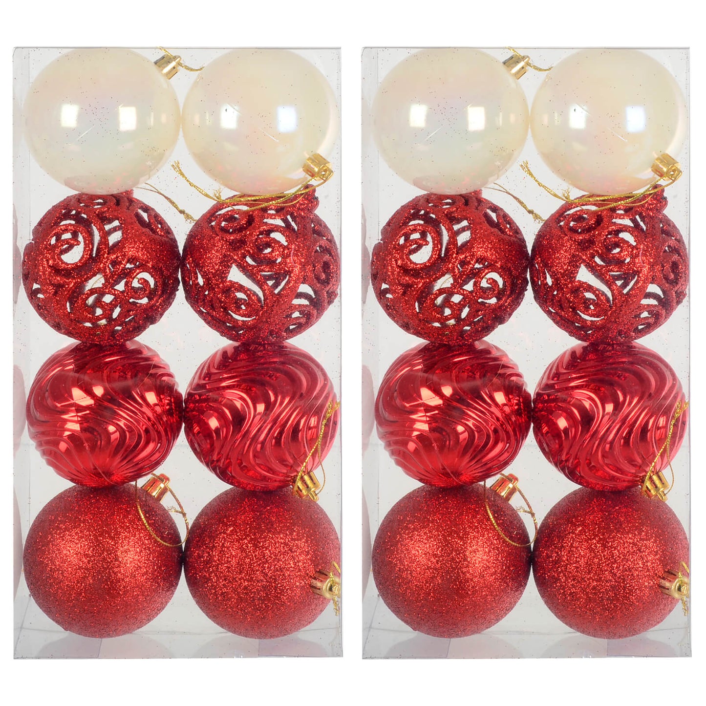 Mr Crimbo 16 x 8cm Christmas Tree Baubles Mixed Design Decorations - MrCrimbo.co.uk -XS7473_2 - Red -