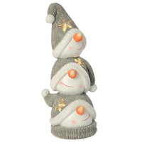 Three snowmen stack Christmas ornament in white and grey with light up warm white LED stars on the bobble hats
