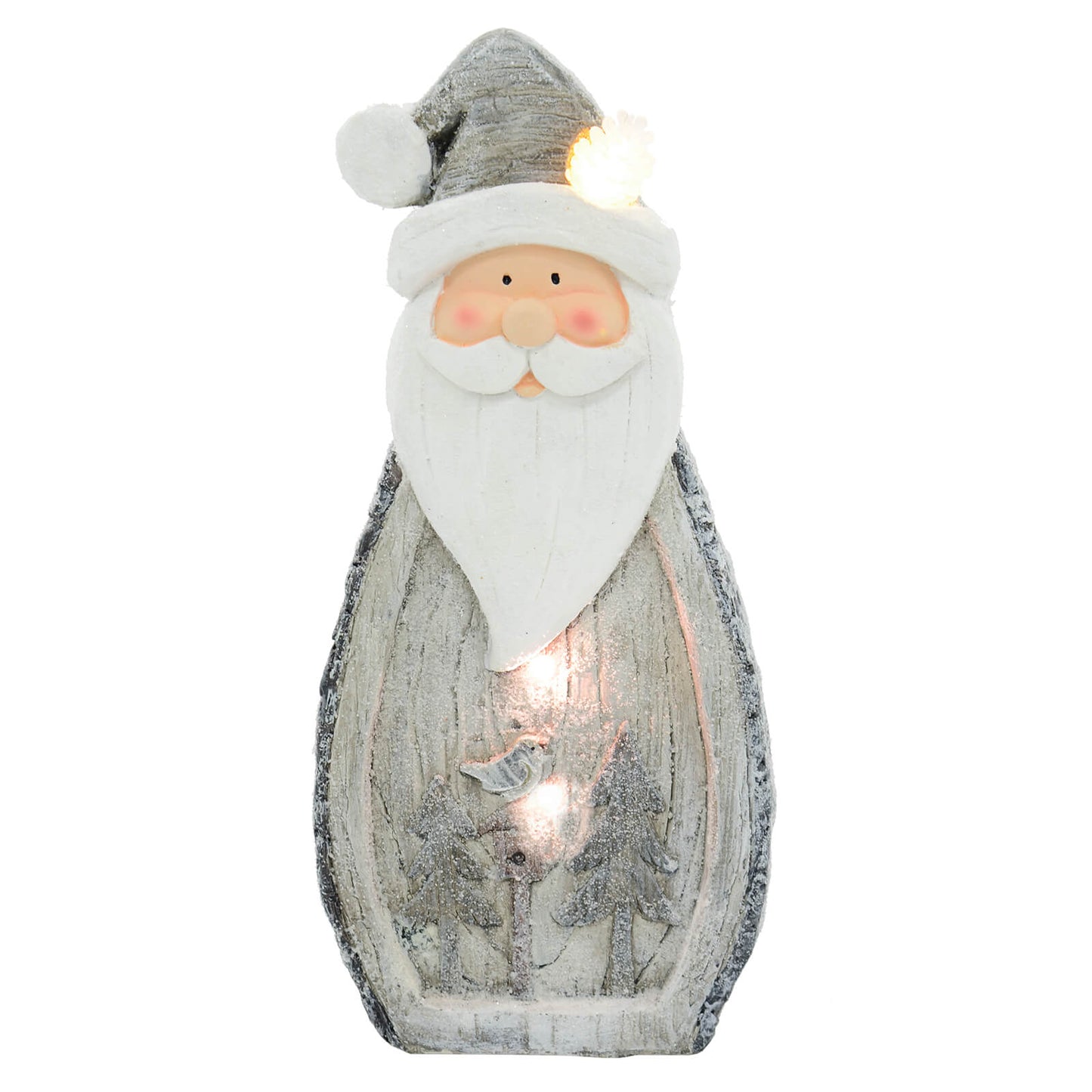 Light up grey and white Santa ornament with warm white LED pine cone, bird house and trees snow scene