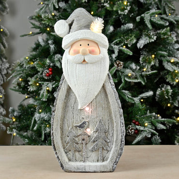 Grey and white wood effect Santa figure Christmas decoration with LED pine cone and buttons