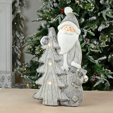 Grey and white light up santa wood effect Christmas decoration with 3 LED lights