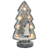 Christmas tree shaped ornament with 7 warm white LED lights and grey and white Santa with star snow scene, wood grain and bark effect finish