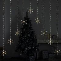 Snowflake curtain lights with warm white LED lights in 9 strings, with Christmas tree and presents
