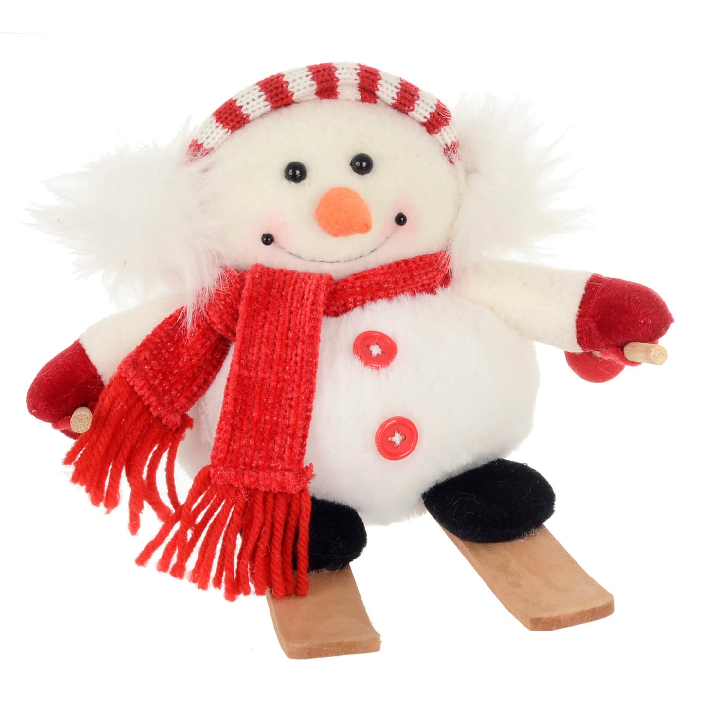 20cm snowman on wooden skis with ear muffs 20cm