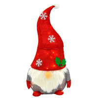 Light up Christmas Gonk decoration with warm white LED lights, red glitter hat with snowflakes, pom pom and holly, and a fluffy white fleece beard