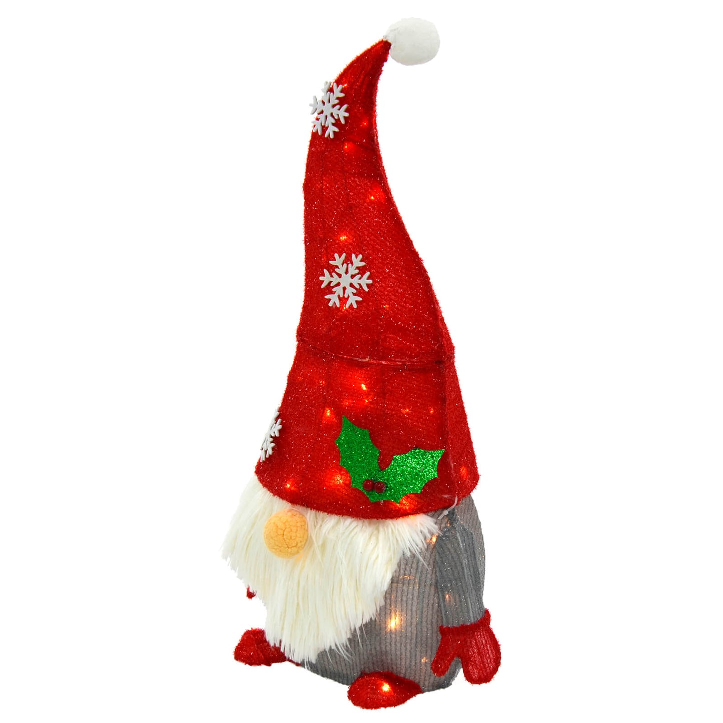Side view of Light up Christmas Gonk decoration with warm white LED lights, red glitter fabric hat with holly and snowflakes