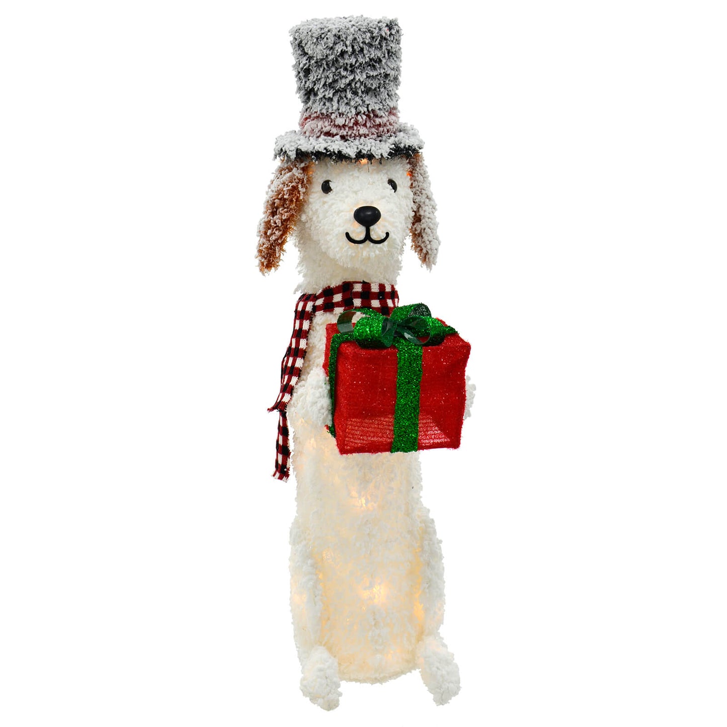 Front view of tall white dog Christmas decoration with red and green gift