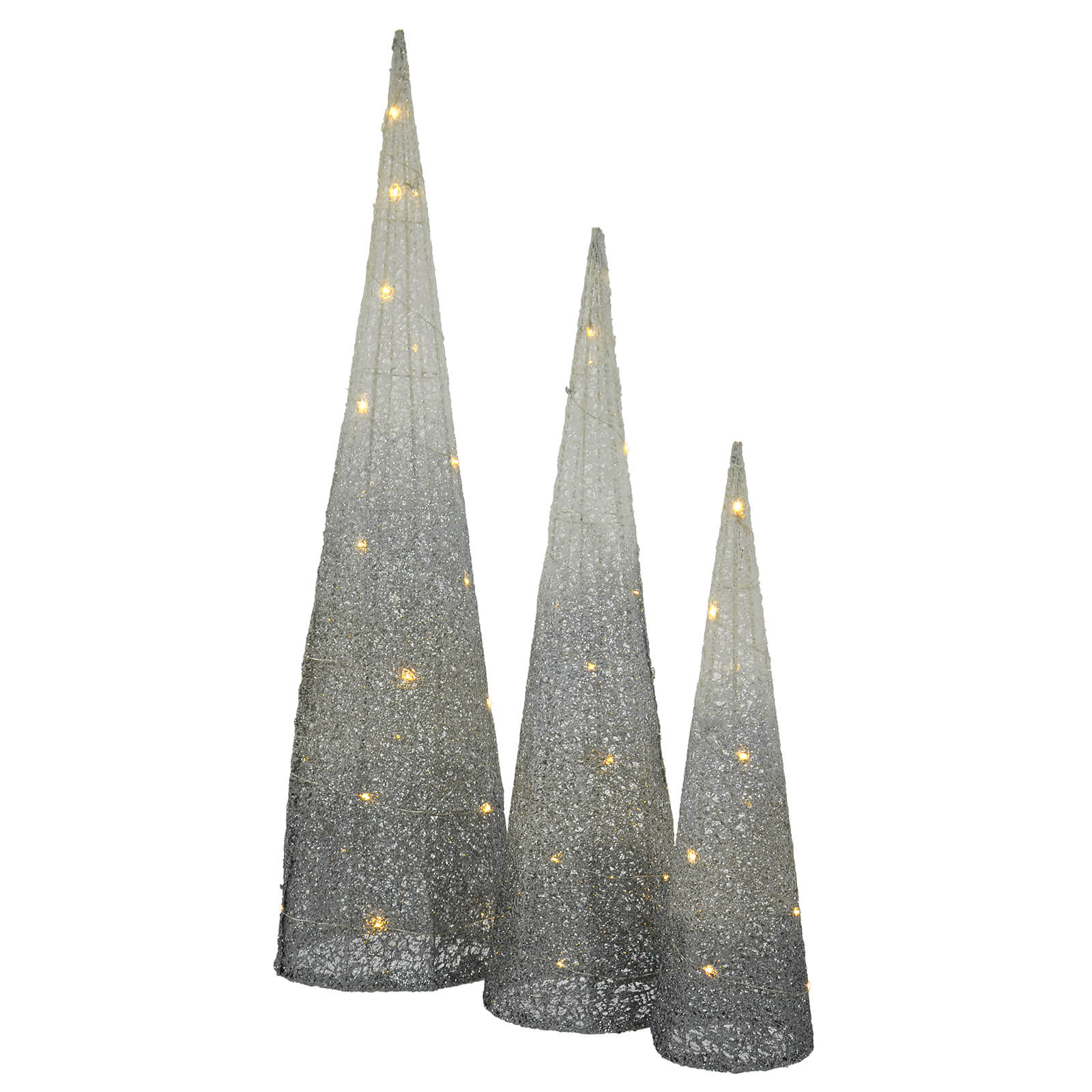Set of 3 cone shape LED Christmas tree in silver to white ombre glitter mesh, and warm white LED lights on copper wire