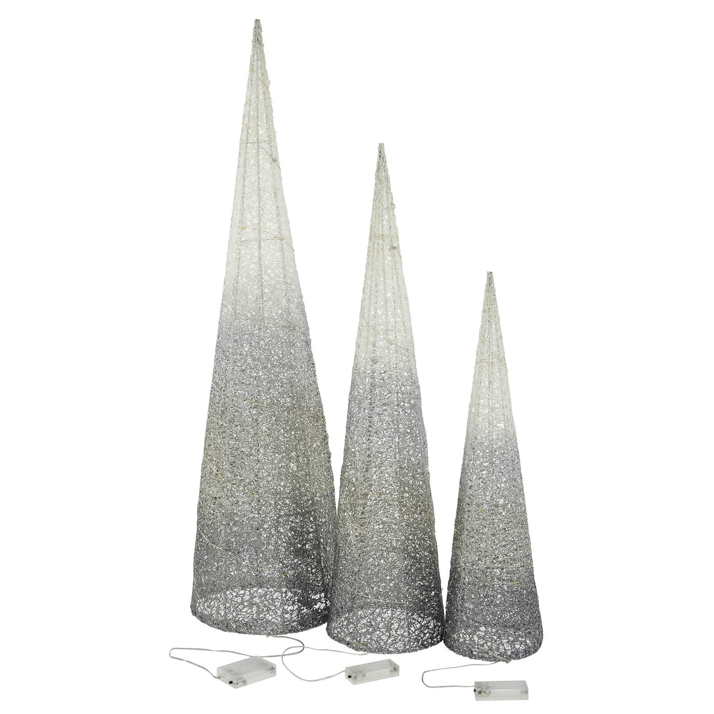 Set of 3 battery operated LED cone shape Christmas tree with white to silver glitter mesh